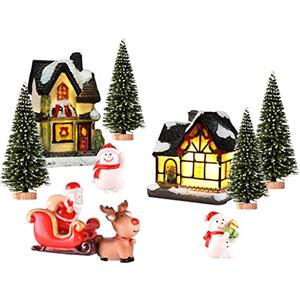 Bseical 11Pezzi Villaggio Natalizio Accessori, Paesaggio Led Illuminato Di Resina Di Regali, Porta Elfo Casette Presepe Di Decorazioni, Kit Casa