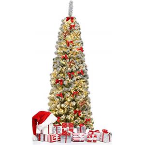 LIFEZEAL Albero di Natale con Luci Incorporate, 180 cm, con 350 Luci a LED, 641 Rami, Neve e Base in Metallo, Albero di Natale Slim, Christmas Tree da Casa e Negozio