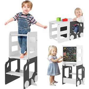 AIYAPLAY Scala Montessori 4 in 1 Pieghevole 3-6 Anni 58x46x92 cm Bianco | per Bambini, 2 Lavagne, Set Tavolo e Sedia, Torre Montessori, Torre Montessoriana a Forma di Auto, in MDF e Legno di Pino