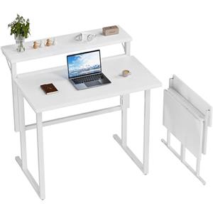 JUMMICO Tavolo Pieghevole per PC a Due Livelli 80 x 62 cm Bianco | Design Moderno in Legno, Scrivania Compatta Salvaspazio, Supporto Integrato per Monitor, adatta per Ufficio e Scuola