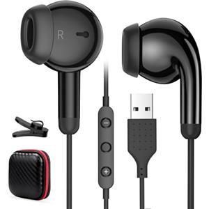 AIAUXAI Cuffie USB in Ear per PC Laptop, Microfono e Telecomando, Nero | Riduzione del Rumore, Chiarezza USB Cuffie con Cavo per Mac per PS5/4, Ufficio Business Online Riunioni Gaming Streaming Live