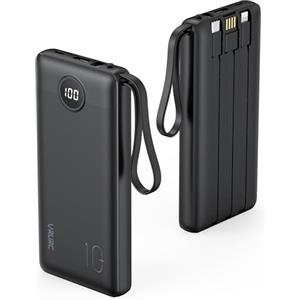 VRURC Power Bank 10000mAh, Slim Caricatore Portatile con 4 Cavi Intergrati | USB C, Con 4 Uscite & 2 Ingressi, LED Display, Ideale per Viaggio di Lavoro, Compatible con iPhone/Xiaomi/Huawei, Nero