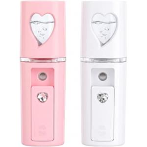 HENGBIRD 2 Vaporizzatori Viso USB con Specchio - Mini Spray Bianco e Rosa | Nebulizzatore acqua portatile con mist viso fresco, specchio e LED, ideale per ufficio, viaggio e ritocchi trucco