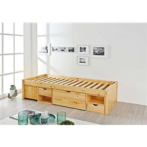 Inter Link Letto singolo Multifunzione Letto con contenitore Letto funzionale Con comodino 3 cassetti 2 nicchie Legno massiccio Con base Naturale Claas 90 x 200 cm