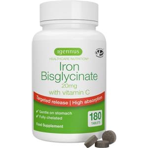 Igennus Healthcare Nutrition Igennus Ferro Bisglicinato 20mg con Vitamina C 100mg, 180 Compresse Vegane | Ferro Chelato ad Alto Assorbimento e Rilascio Mirato, Delicato sullo Stomaco, Ingredienti Puri, Scorta per 6 Mesi