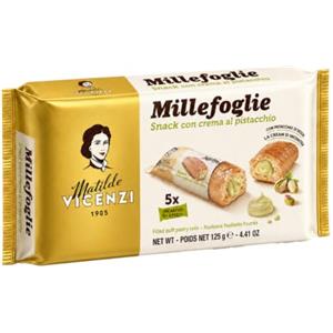 Generico Matilde Vicenzi Millefoglie Snack con Crema al Pistacchio, Cannoncini di Pasta Sfoglia Croccante, 5 Pezzi Incartati Singolarmente, Confezione da 125 g