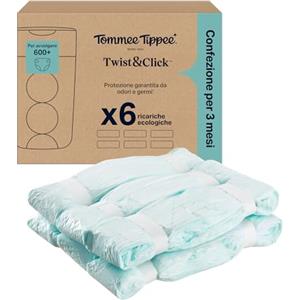 Tommee Tippee Sacchetti per mangiapannolini Twist & Click | 6 ricariche da 10, 5 metri, pellicola antibatterica* multistrato, da inserire nella ricarica in uso, 6 x 10, 5 m