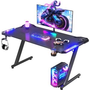 JUMMICO Scrivania Gaming LED 120x60 cm - Tavolo da Gaming con Luci RGB a Controllo Tattile, Piano in Fibra di Carbonio Nero, Ganci per Cuffie, Design Ergonomico, Scrivania PC per Setup Gamer Professionale