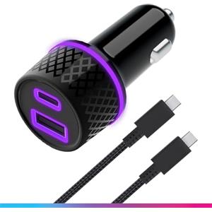 Oniverse Adattatore accendisigari 60W, doppia porta USB-C USB-A - Caricabatterie auto Switch 2, Switch, OLED, Lite, PC, Android, 1,5 m, Ricarica Intelligente, Cavo intrecciato staccabile USB-C incluso