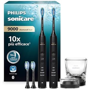 Philips Sonicare DiamondClean 9000 spazzolino elettrico, confezione doppia, spazzolino sonico con app, sensore di pressione, 4 modalità di spazzolamento, bicchiere di ricarica, nero, HX9914/63