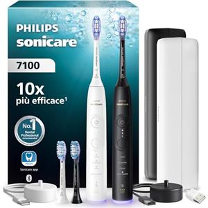 PHILIPS Spazzolino elettrico Philips Sonicare serie 7100 - Next Gen, sensore di pressione, 12 impostazioni di spazzolamento, autonomia di 21 giorni, custodia con ricarica, bianco e nero, duo pack, HX7429/04