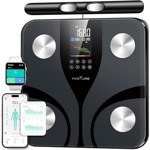 Posture Bilancia Pesapersone Impedenziometrica Smart 8 Elettrodi, Display LCD a Colori, 28 Parametri di Composizione Corporea con Massa Grassa, Massa Muscolare, Piattaforma Large, App Bluetooth, 180kg