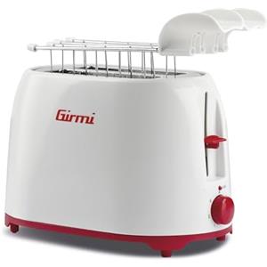 Girmi TP10 Tostapane, 750 W, Pinze estraibili inox, 7 livelli di cottura, Funzione tostafetta, Raccogli briciole, Espulsione automatica, Spegnimento automatico, Bianco/Rosso