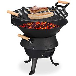 Relaxdays Grill a Sfera in Ghisa, Barbecue Regolabile in Altezza, Ventilato, a Carbonella in Legno, HLP 40x45x36cm, Nero