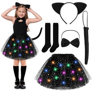 YUYWWAN Costume da Gatto Luminoso Bambina, Set Costume da Gattina Nera Bambina, 5 Pezzi con Gonna LED, Orecchie, Coda, Cravatta e Mantello, per Halloween, Carnevale e Feste a Tema