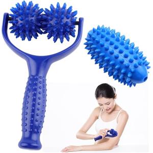 Svalor Rullo massaggiante con maniglia, rullo per massaggio intercambiabile con 3 palline per riccio, massaggiatore fascia, palla per massaggiare i piedi, per gambe, braccia e spalle, dolori muscolari (blu)