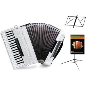 Classic Cantabile Secondo V Fisarmonica 96 Bassi Bianco Perloid Set - 37 Tasti Diastant, 3 Cori, 5 Registri - Leggera E Robusta - Set Per Principianti Incl. Borsa Con Spallacci, Scuola E Leggio