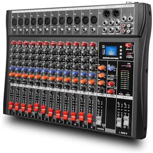 Yamnweo GX12 - Console professionale per scheda audio a 12 canali, interfaccia mixer digitale USB Bluetooth per computer, ingresso MP3, alimentazione phantom, mixer stereo DJ per eventi live, karaoke
