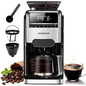 Aigostar Macchina Caffe con Macinacaffe Incorporato, 7 Macinature, Nero | 1,5L (2-12 Tazze), 1400W Macchina Caffè Americano Automatica, 3 Intensità, Programmabile 24h, Funzione di Mantenimento Calore