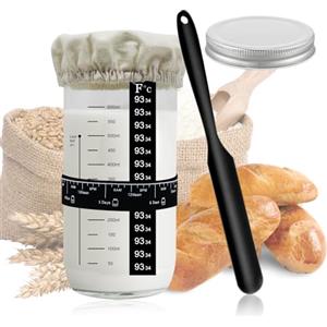 Horuili Barattolo per Lievito Madre con Nastro Indicatore Della Data di Rinfresco, Termometro, Spatola in Silicone, Set di Barattoli per Lievitazione, Copertura in Cotone per una Lievitazione Perfetta