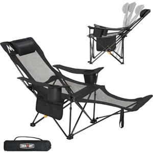OVERMONT Sedia da Campeggio Pieghevole - 2 in 1 con Poggiapiedi, Schienale Regolabile 4 Posizioni, Sedia a Sdraio Reclinabile 136 kg, con Poggiatesta e Borsa - per Campeggio,Spiaggia,Giardino e Pesca