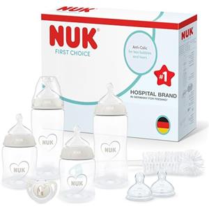 NUK First Choice Perfect Start Set Biberon per Neonati | 0-6 Mesi | 4 x Biberon Anti-Colica (150 ml, 300 ml), 2 x Tettarelle, 1 x Ciuccio First Choice, 1 x Scovolino per Biberon | Neutral | 8 Pezzi