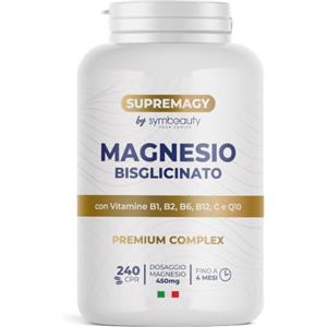 SYMBEAUTY SUPREMAGY MAGNESIO BISGLICINATO 450mg (Fornitura 4 Mesi) 240 CPR - Magnesio Completo | Vitamina B12, B1, B2, B6, C e Coenzima Q10 | Integratore Stanchezza