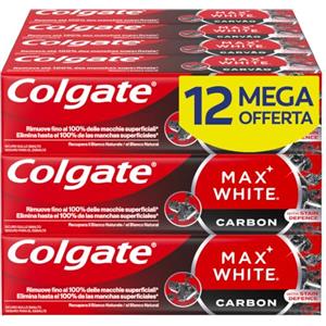 Colgate Dentifricio Sbiancante Colgate Max White Carbon, Rimuove fino al 100% delle macchie superficiali, Ripristina il bianco naturale, smalto sicuro per l'uso quotidiano
