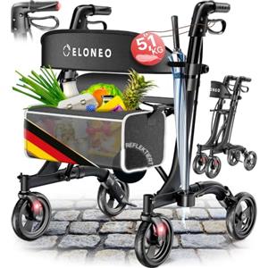 ELONEO Rollator pieghevole con seduta - ultraleggero (5,1 kg), rollator da viaggio leggero in alluminio, ausilio per camminare regolabile in altezza, deambulatore con borsa e portaombrelli, nero