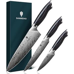 SANMEIHO Set di 3 Coltelli in Acciaio a Polvere Coltelli da Cucina Professionali ad Alto Tenore di Carbonio Set di Coltelli da Chef Include Coltello da Chef Coltello da Multiuso Coltello per Sbucciare