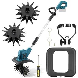 TLPEMN Motozappa senza fili con motore senza spazzole, zappa elettrica da giardino regolabile in altezza, 4 coltelli da trita, manico aggiuntivo, senza batteria o caricatore