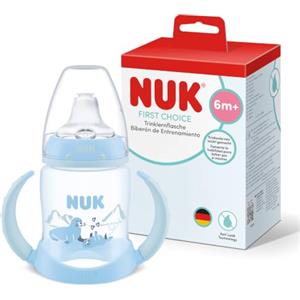 NUK First Choice Learner bicchiere bambini, 6+ mesi, blu foca, Bicchiere antigoccia bambini 150 ml, manici antiscivolo, confezione da 1 pezzi