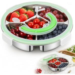 Qnbonrich Contenitore per snack con scomparti, in acciaio inox, piatto per snack, 5 scomparti con coperchio