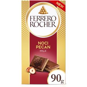 Ferrero Rocher, Tavoletta di Cioccolato con Nocciole e Noci Pecan, 90g | 1 Tavoletta da 90g Ricoperta di Cioccolato al Latte (60%) con Ripieno alla Nocciola, Noci Pecan e Scaglie di Nocciola