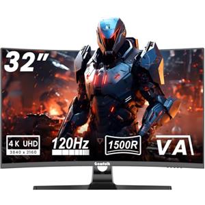 Gawfolk Monitor Gaming Curvo 32 Pollici 120Hz, Schermo PC 4K 3840x2160 1500R, Pannello VA, Anti‑Luce Blu, Inclinazione Regolabile, Altoparlanti Integrati, Porte HDMI DisplayPort, Compatibile VESA 100 x 100 mm