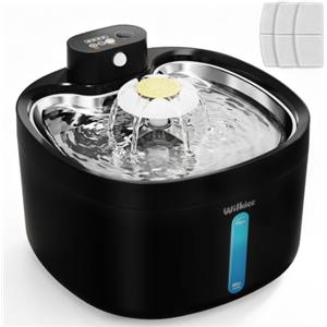 WILKIEE Fontanella Per Gatti Senza Fili,2.8L Fontana Per Gatti,Nero Puro | 4000 Mah,3 Filtri,Ultra-Silenzioso,Con Modalità Sensore E Timer,Ciotola In Acciaio Inox,Per Gatti E Cani Di Piccola Taglia.