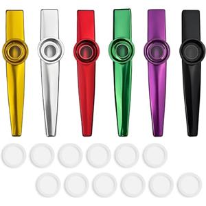 AONAYO Kazoo, strumento Kazoo, 6 pezzi, in metallo, con 12 membrane intercambiabili, flauto nasale Kazoo, fischietto di pane, tamburello, adatto per bambini, adulti appassionati di musica, kazoo colorato