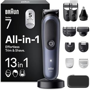 Braun Rasoio Elettrico Barba e Capelli Serie 7, Accessori AIO7565 Blu | Rifinitore All-in-One 13in1, Lama Problade, Rasoio Elettrico Corpo Uomo, Peli Naso, Impermeabile Ricaricabile