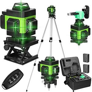 KKnoon Livella laser, KKnoon 16 Linee 4 x360° Livella laser autolivellante con 2 * 2400mAh Batterie, 1.2m Treppiedi, Staffa a Parete, Telecomadon - Verde