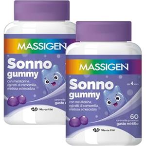 Massigen - Sonno Gummy, Integratore Alimentare con Melatonina e Estratti Naturali, Due Confezioni 60 Caramelle da 3,3 g, Vitamine Gommose, Gusto Mirtillo, Per Rilassamento e Sonno