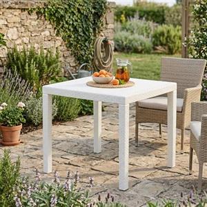 Dmora - Tavolo da esterno Agrigento, Tavolo quadrato da giardino, Tavolino fisso effetto rattan, 100% Made in Italy, 79x79h72 cm, Bianco