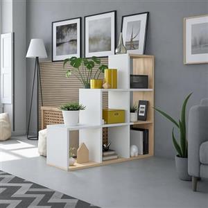 Dmora - Libreria Cincinnati, Mobile portalibri bifacciale con 6 Scomparti, Scaffale divisorio da Ufficio, 108x28h110 cm, Bianco e Rovere