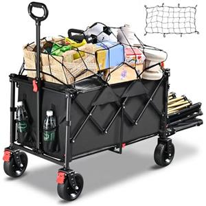 YEAUPE PRO Carrello Spiaggia, Carrello Pieghevole con Ruote 160-240L | Doppi freni ant., ruote grandi, manico regolabile, retro apribile, portata 200kg, outdoor, pesca e campeggio, Nero Lucido