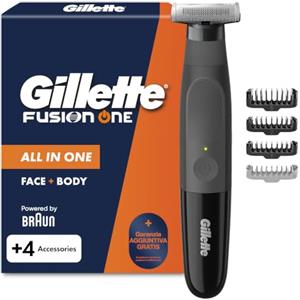 Gillette Fusion One Rasoio Elettrico Uomo Barba e Corpo, 4 Accessori, Nero | 3 Pettini Barba E 1 Pettine Corpo, Testina Oscillante, Impermeabile, Senza Fili, 45 Min Autonomia, Tecnologia Braun