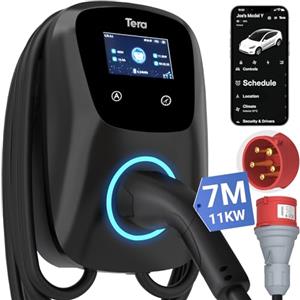 Tera Caricabatterie EV Tipo 2 da 11KW per Uso Domestico, Certificato CE & TüV, Dotato di App/WLAN/Bluetooth, Completo di Cavo di Ricarica da 7 Metri, Spina CEE trifase, Nero