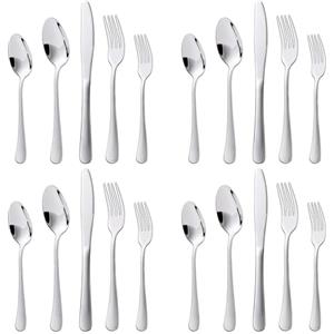KitchenBoss Set Posate Acciaio Inox: 4 Persone Set di Posate con Coltello, Cucchiaio, Forchetta, 20 Pezzi in Argento e Lavabili in Lavastoviglie