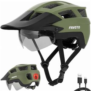Favoto Casco Bicicletta con Luce, Visiera e Occhiali Magnetici, L | Casco MTB con Occhiali Magnetici, Luce USB, Protezione CE EN 1078 per MTB, Bici da Corsa & E-Bike, L (59-61cm)