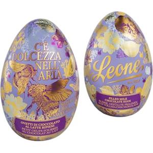 Pastiglie Leone Leone dal 1857 - Latta a Forma di Uovo di Pasqua - Cioccolatini Ripieni Leone - Ovetti di Cioccolato al Latte con Ripieno di Crema al Latte e Riso Soffiato - Latta Regalo - 90g