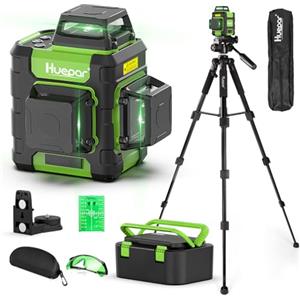 Huepar Livella Laser Autolivellante 3x360°,Huepar 45m Livello Laser Verde 12 Linee con 1,27M Treppiede, Base Magnetico, Modalità Impulso per esterni, 4000mAh Batteria al Litio, Custodia Rigida-HM03CGT