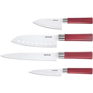 Cecotec Set di 4 coltelli professionali in stile giapponese per uso domestico. Rivestimento in ceramica. Set di coltelli Santoku (rosso)